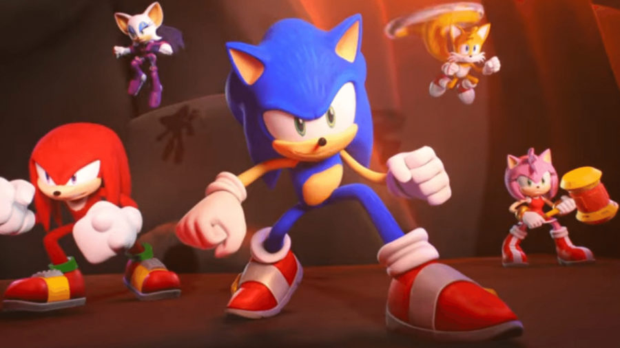 Knuckles the Echidna, Miles Tails Prower, Big the Cat, Amy Rose y Sonic en posición de batalla en la serie Sonic Prime. 