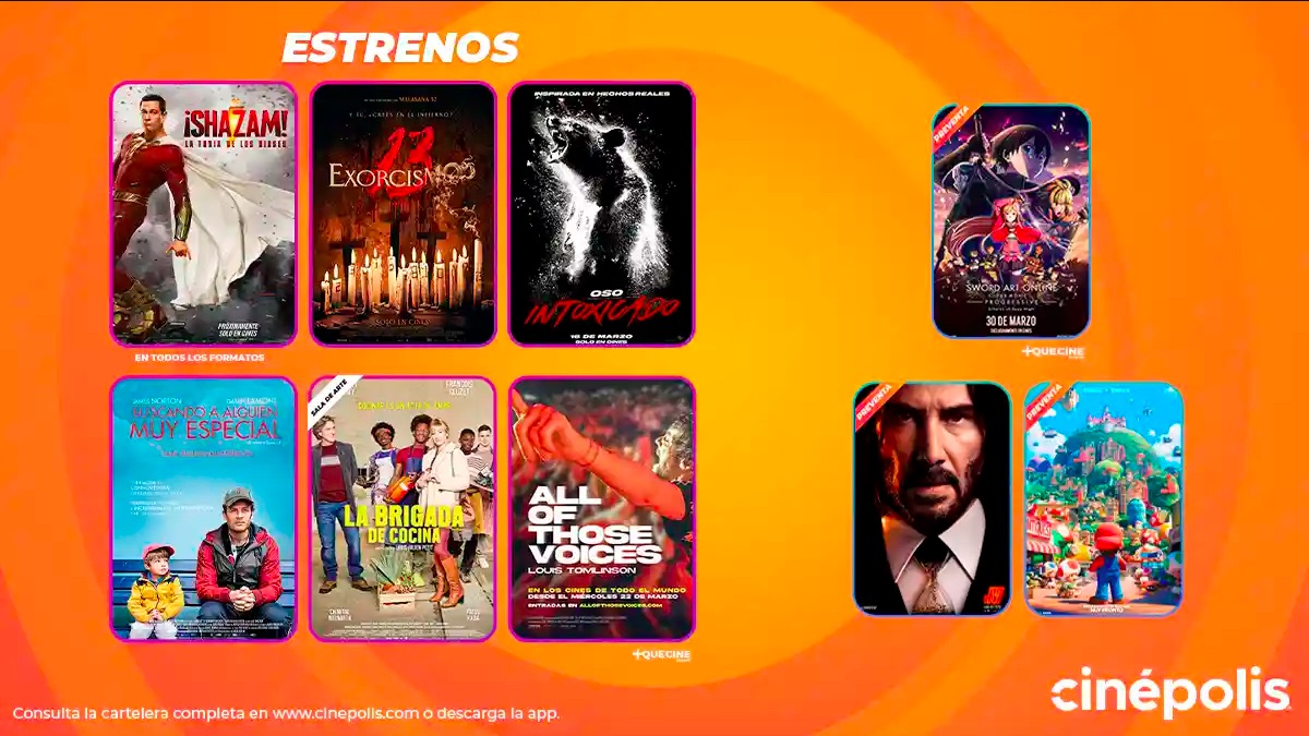 Películas cinematográficas que se estrenan de estreno en la cartelera de la cadena de cines Cinépolis en México.