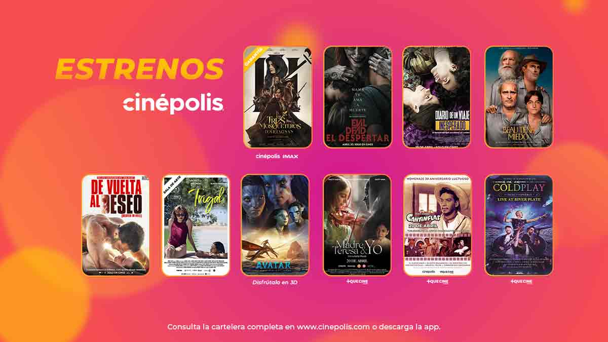Esta es la cartelera de estrenos de peliculas en las salas de cine de la cadena de cines Cinepolis en México.